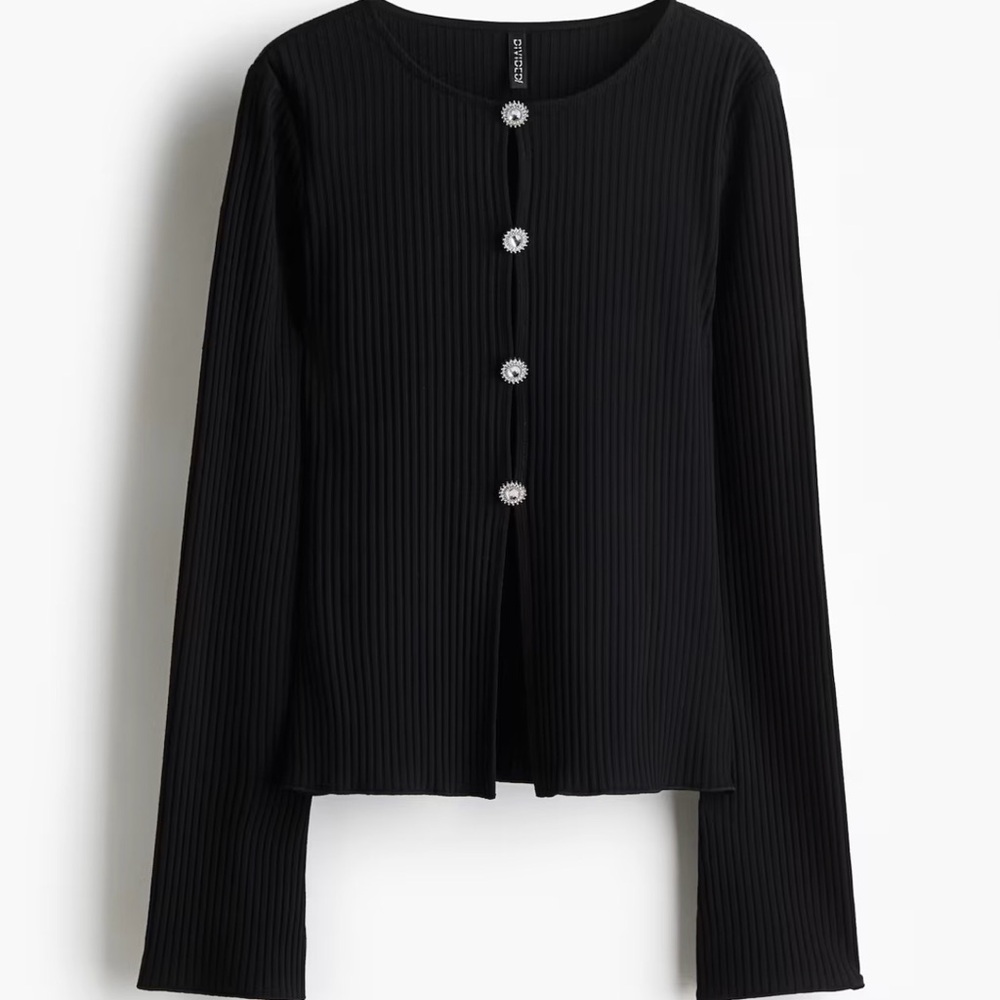 New Stylish Black Ribbed Button-Up Top - Picture 2 of 4